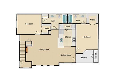 Floor plan for 2 beds, 2 baths, 1022 sqft
