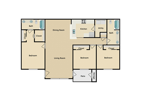 Floor plan for 3 beds, 2 baths, 1308 sqft