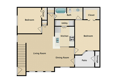 Floor plan for 2 beds, 1 bath, 936 sqft