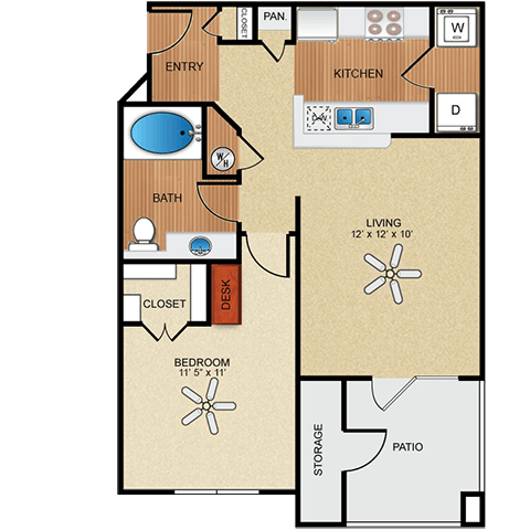 Floor plan for 1 bed, 1 bath, 696 sqft