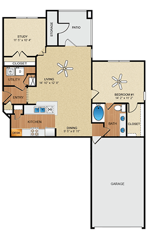 Floor plan for 1 bed, 1 bath, 1008 sqft