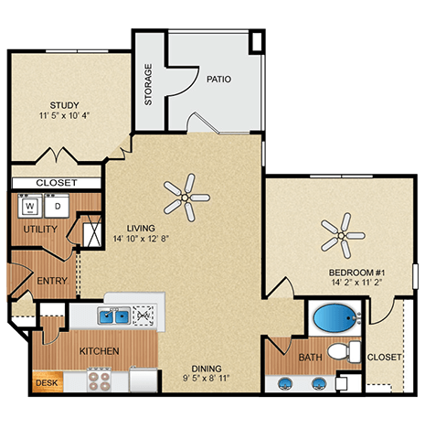Floor plan for 1 bed, 1 bath, 1008 sqft