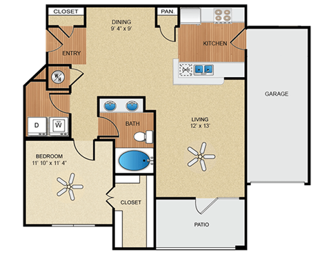 Floor plan for 1 bed, 1 bath, 875 sqft