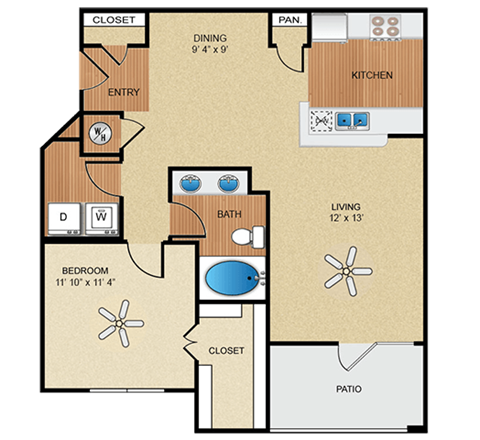Floor plan for 1 bed, 1 bath, 875 sqft