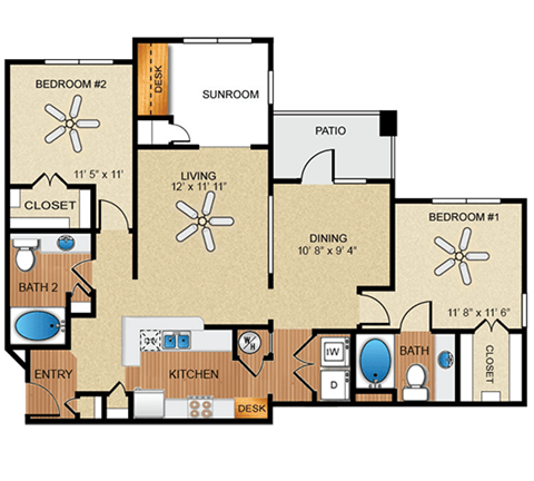 Floor plan for 2 beds, 2 baths, 1267 sqft