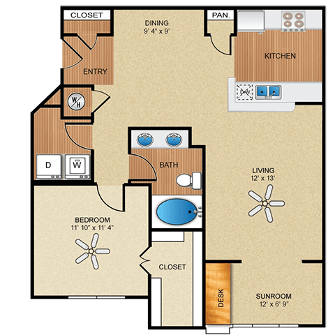 Floor plan for 1 bed, 1 bath, 962 sqft