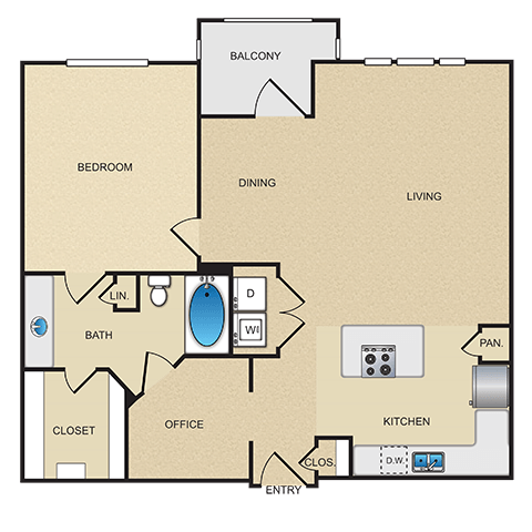 Floor plan for 1 bed, 1 bath, 911 sqft