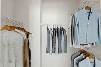 A closet with clothes hanging on a rack
