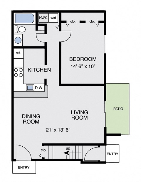 Floor plan for 1 bed, 1 bath, 776 sqft