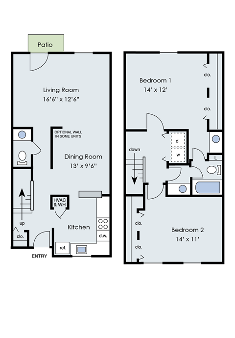 Floor plan for 2 beds, 1.5 baths, 1154 sqft