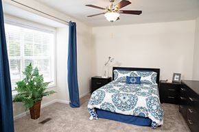 Raleigh townhouse for rent - A bedroom with a bed, dresser, and ceiling fan.