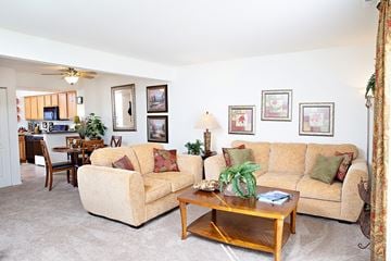 Arden apartment for rent - A living room with a tan couch and a coffee table.