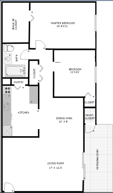 Floor plan for 2 beds, 1 bath, 1000 sqft