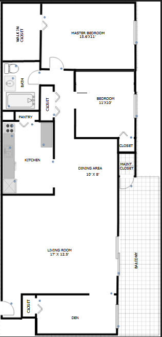 Floor plan for 2 beds, 1 bath, 1075 sqft