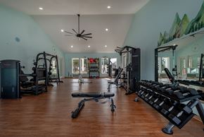 Virginia Beach townhouse for rent - A gym with a variety of equipment including treadmills, weights, and a bench press.