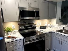 Savannah apartment for rent - A kitchen with a black oven and a black microwave.