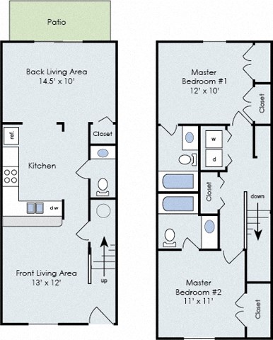 Floor plan for 2 beds, 2.5 baths, 1175 sqft