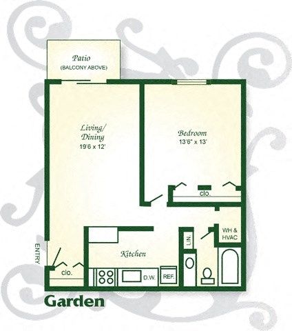 Floor plan for 1 bed, 1 bath, 750 sqft