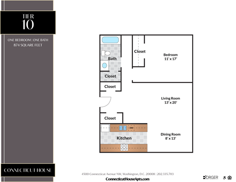 Floor plan for 1 bed, 1 bath, 874 sqft