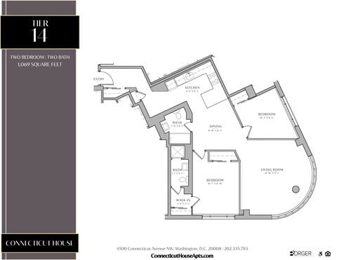 Floor plan for 2 beds, 2 baths, 1070 sqft