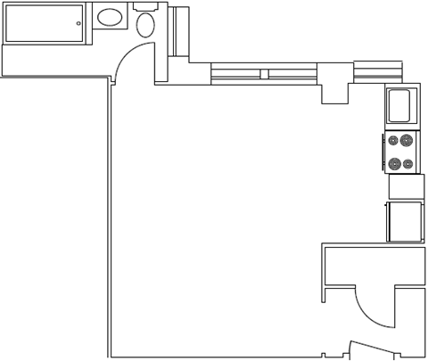 Floor plan for studio, 1 bath, 385 sqft