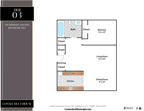 Floor plan for 1 bed, 1 bath, 859 sqft