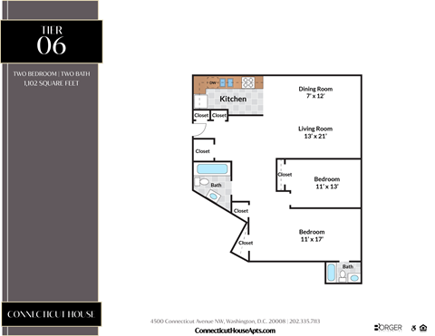 Floor plan for 2 beds, 2 baths, 1102 sqft