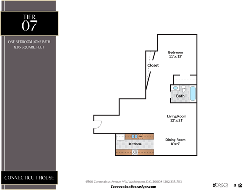 Floor plan for 1 bed, 1 bath, 835 sqft