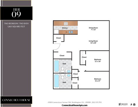 Floor plan for 2 beds, 2 baths, 1165 sqft