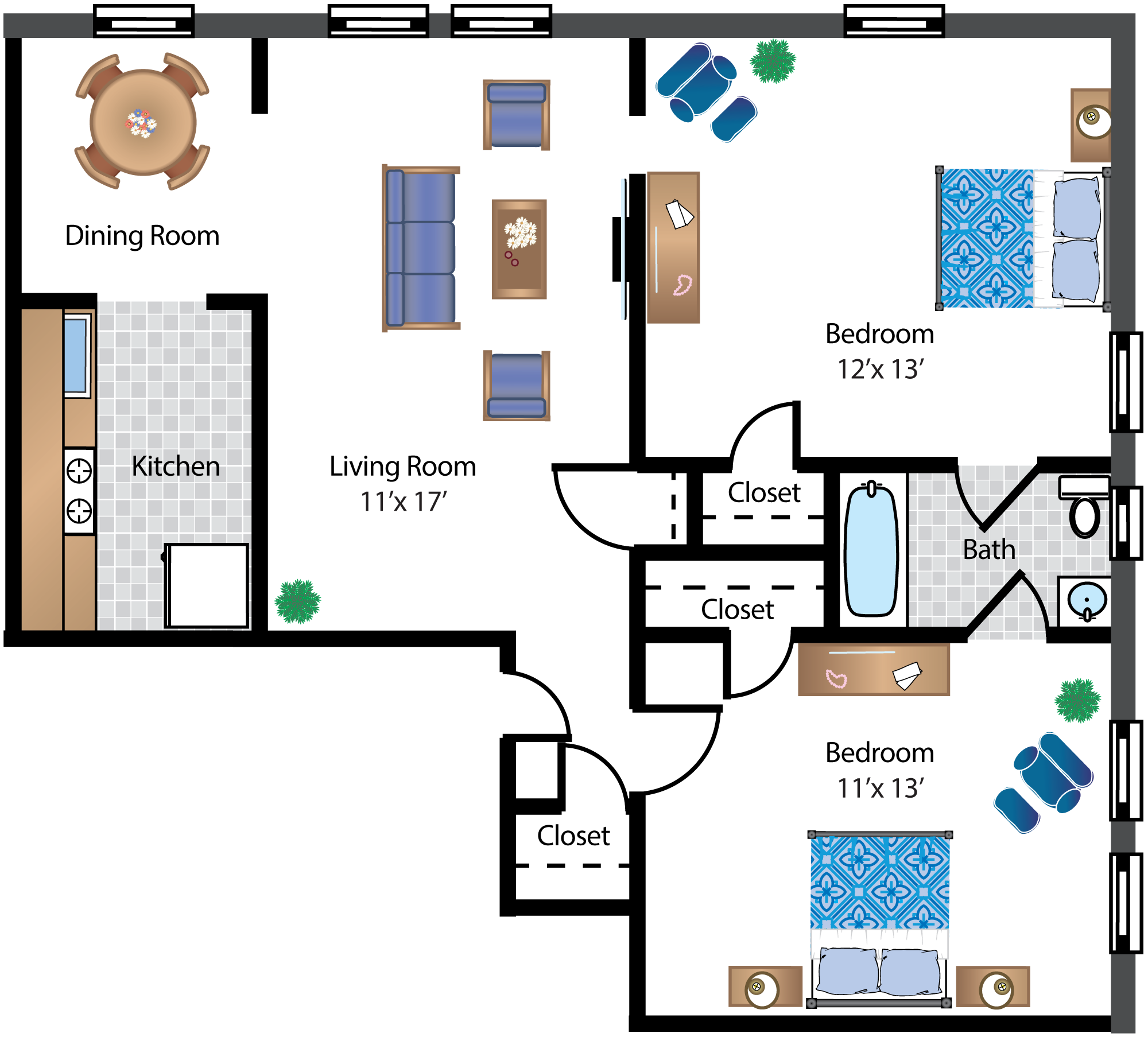 Floor plan for 2 beds, 1 bath, 886 sqft