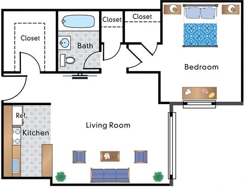 Floor plan for 1 bed, 1 bath, 529 sqft