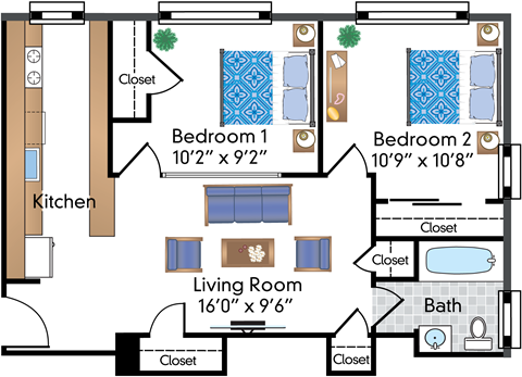 Floor plan for 2 beds, 1 bath, 689 sqft