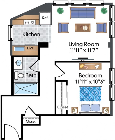 Floor plan for 1 bed, 1 bath, 737 sqft