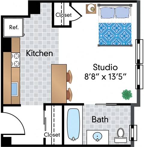 Floor plan for studio, 1 bath, 224 sqft