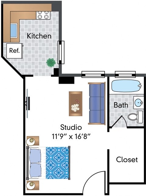 Floor plan for studio, 1 bath, 350 sqft