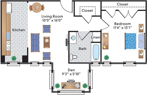 Floor plan for 1 bed, 1 bath, 732 sqft
