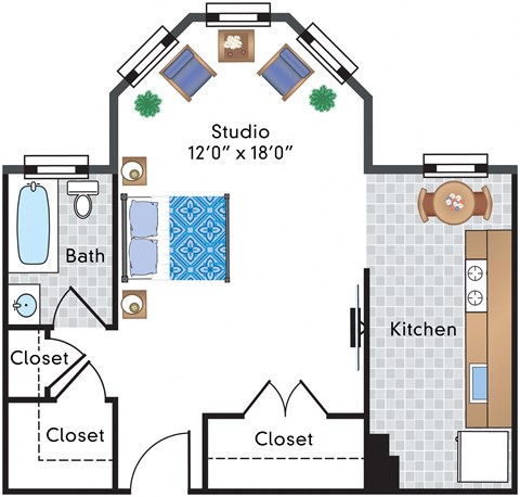 Floor plan for studio, 1 bath, 522 sqft
