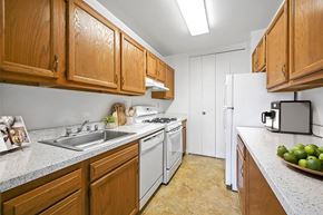 Washington apartment for rent - A kitchen with wooden cabinets and a white refrigerator.