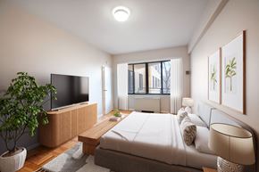 Washington apartment for rent - A modern bedroom with a large bed, a television, and a potted plant.