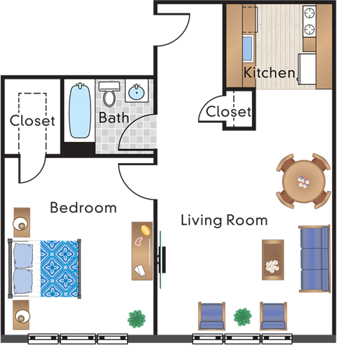 Floor plan for 1 bed, 1 bath, 726 sqft