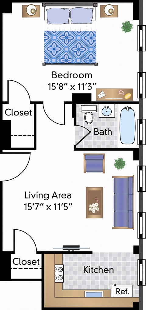 Floor plan for studio, 1 bath, 371 sqft