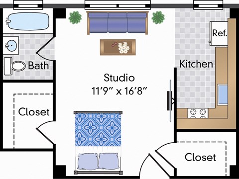 Floor plan for studio, 1 bath, 355 sqft