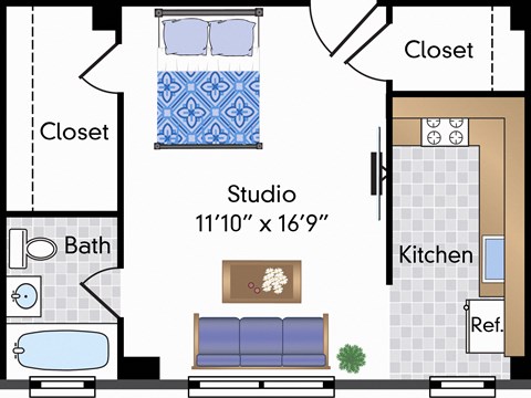 Floor plan for studio, 1 bath, 355 sqft