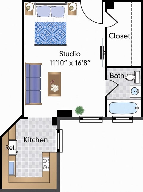 Floor plan for 1 bed, 350 sqft