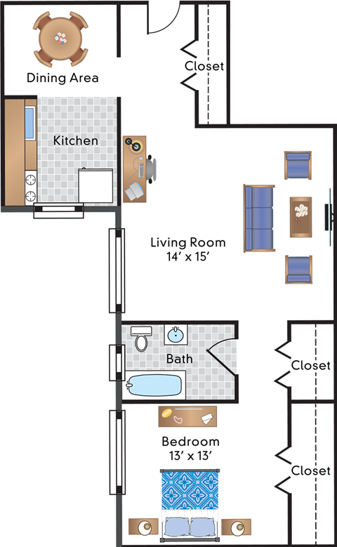 Floor plan for 1 bed, 1 bath, 741 sqft