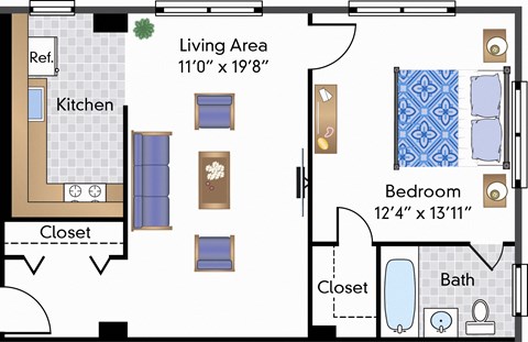 Floor plan for 1 bed, 1 bath, 615 sqft