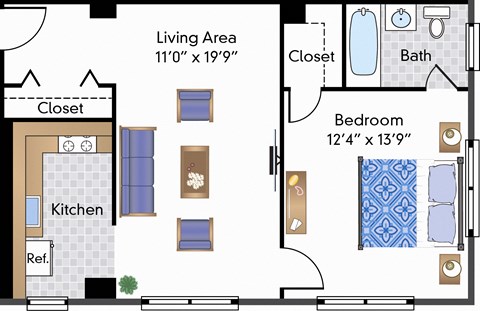 Floor plan for 1 bed, 1 bath, 613 sqft