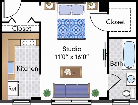 Floor plan for studio, 1 bath, 355 sqft