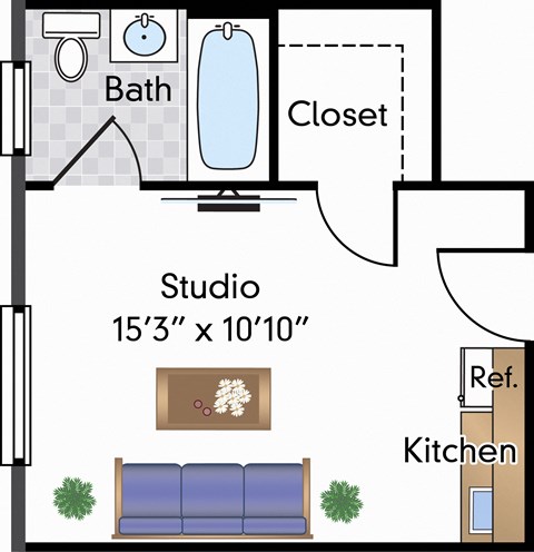 Floor plan for studio, 1 bath, 225 sqft