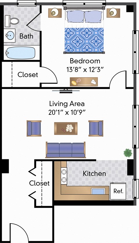 Floor plan for 1 bed, 1 bath, 624 sqft